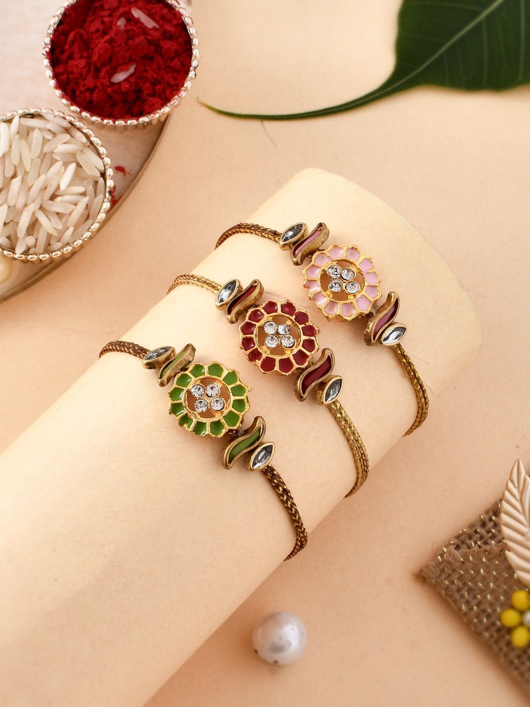 Dhiyona Set Of 3 Red Kundan-Studded & Beaded Rakhi With Roli Rice & Greeting Card