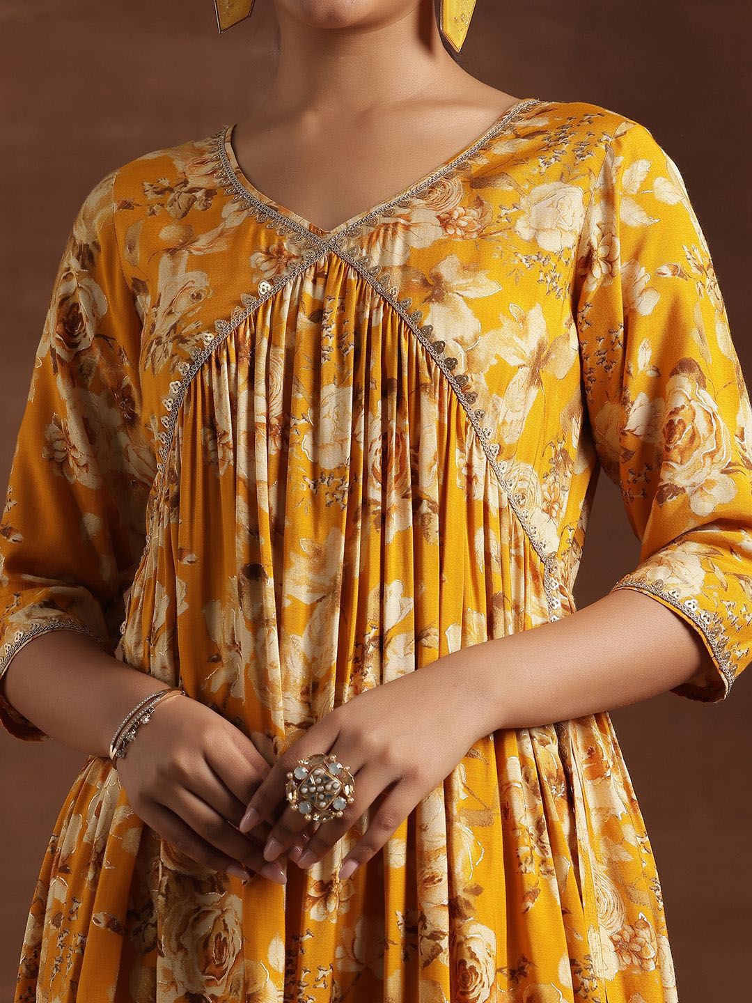 Dhiyona LL Floral Printed Empire Sequinned A-Line Kurta With Palazzo & Dupatta