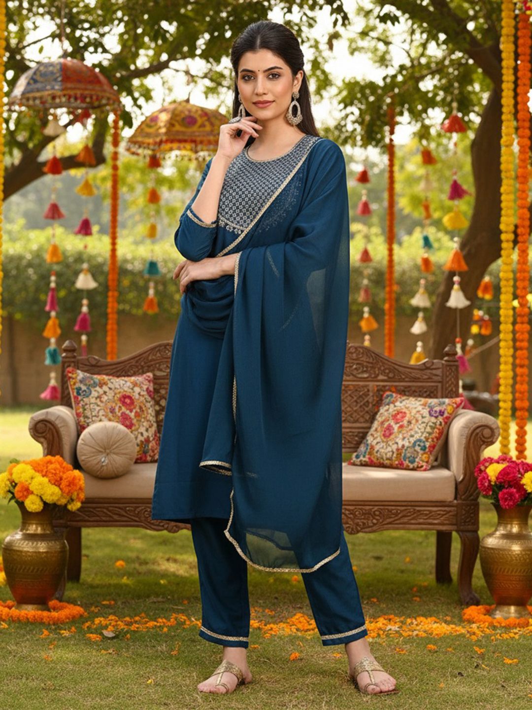 Dhiyona KL Ethnic Motifs Yoke Design Sequinned Kurta & Trousers With Dupatta