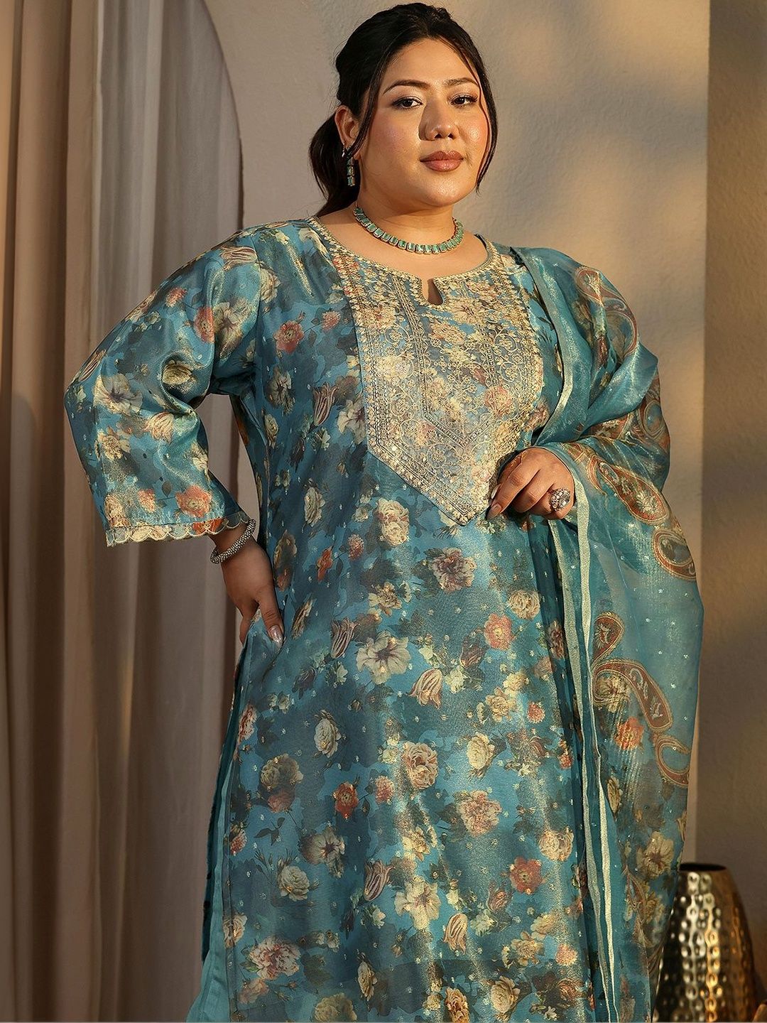 Dhiyona Women's Plus Size Floral Printed Kurta with Trousers & With Dupatta