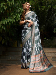 Women's Crepe Grey Digital Print Designer Saree With Blouse Piece