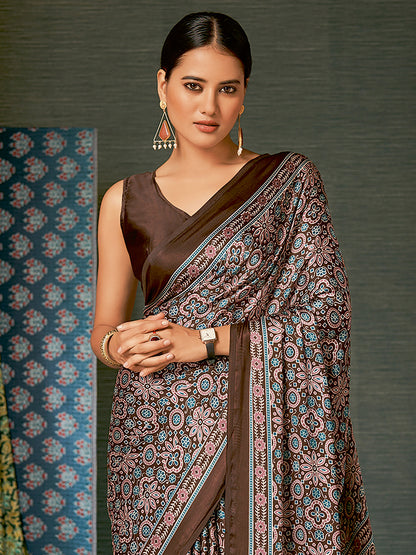 Women's Crepe Brown Digital Print Designer Saree With Blouse Piece