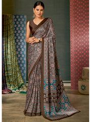 Women's Crepe Brown Digital Print Designer Saree With Blouse Piece