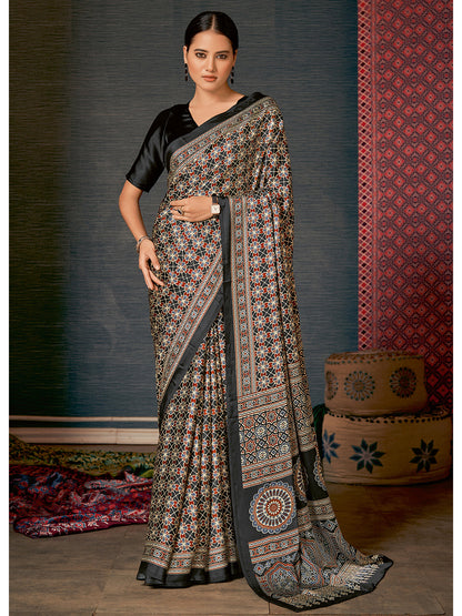 Women's Crepe Black Digital Print Designer Saree With Blouse Piece