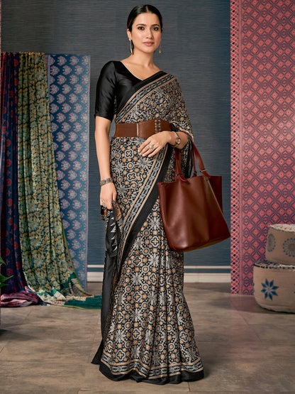 Women's Crepe Black Digital Print Designer Saree With Blouse Piece