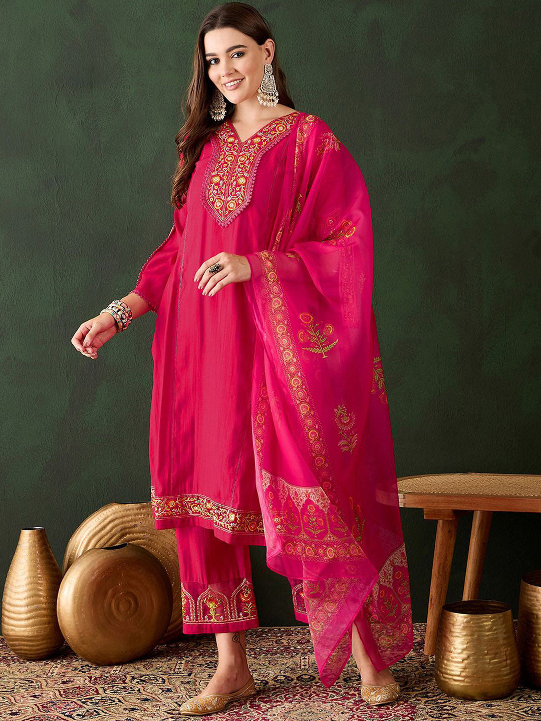 Dhiyona SN Floral Embroidered Thread Work Kurta with Trousers & Dupatta