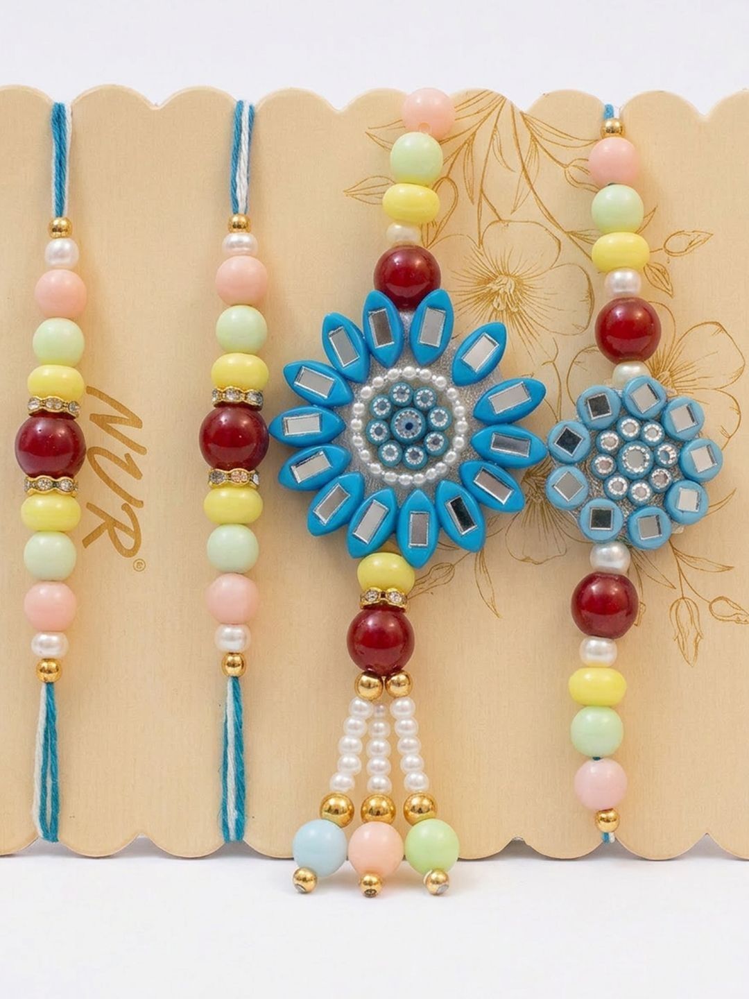 Dhiyona Set Of 4 Family Pack Beaded Thread Rakhi With Roli Chawal Chandan Mishri