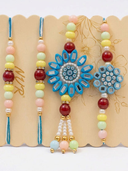 Dhiyona Set Of 4 Family Pack Beaded Thread Rakhi With Roli Chawal Chandan Mishri