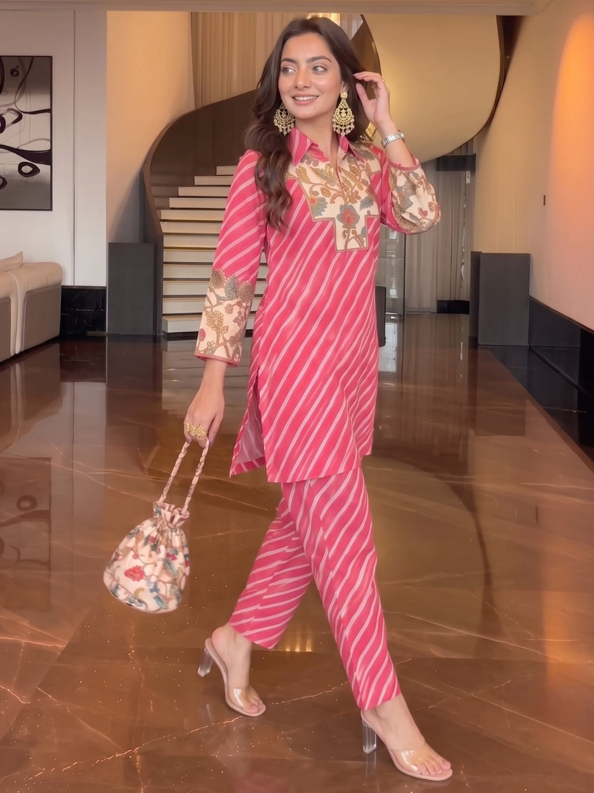 Akshara Kobi Printed Co-Ord Set (Comes With Potli)
