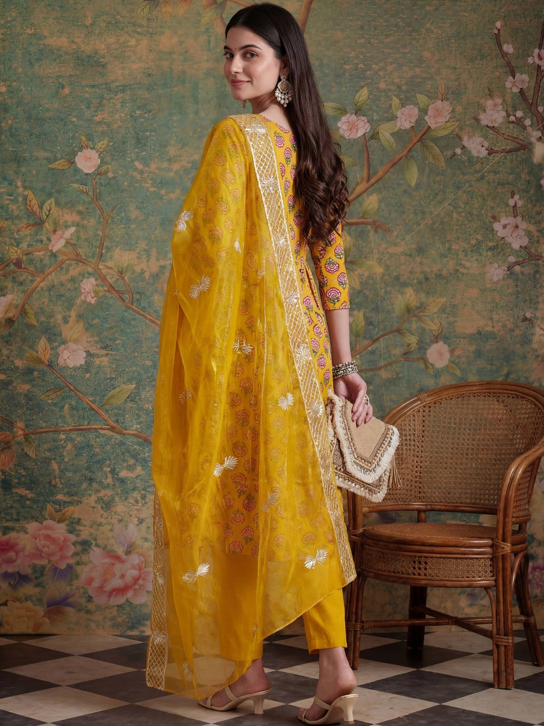 Embroidered Pure Cotton Sweetheart Neck Kurta & Trousers With Dupatta