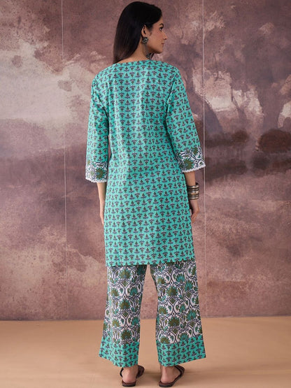 Dhiyona IE Printed Notch Neck Pure Cotton Tunic With Trousers