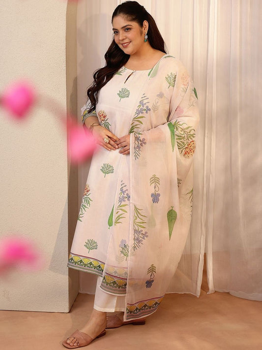 Dhiyona Women's Plus Size Floral Printed Kurta with Trousers & With Dupatta