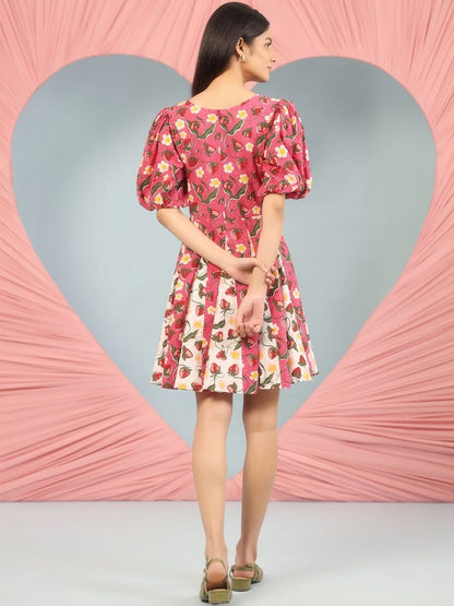 Dhiyona AY Women's Floral Print Puff Sleeve Fit & Flare Mini Dress