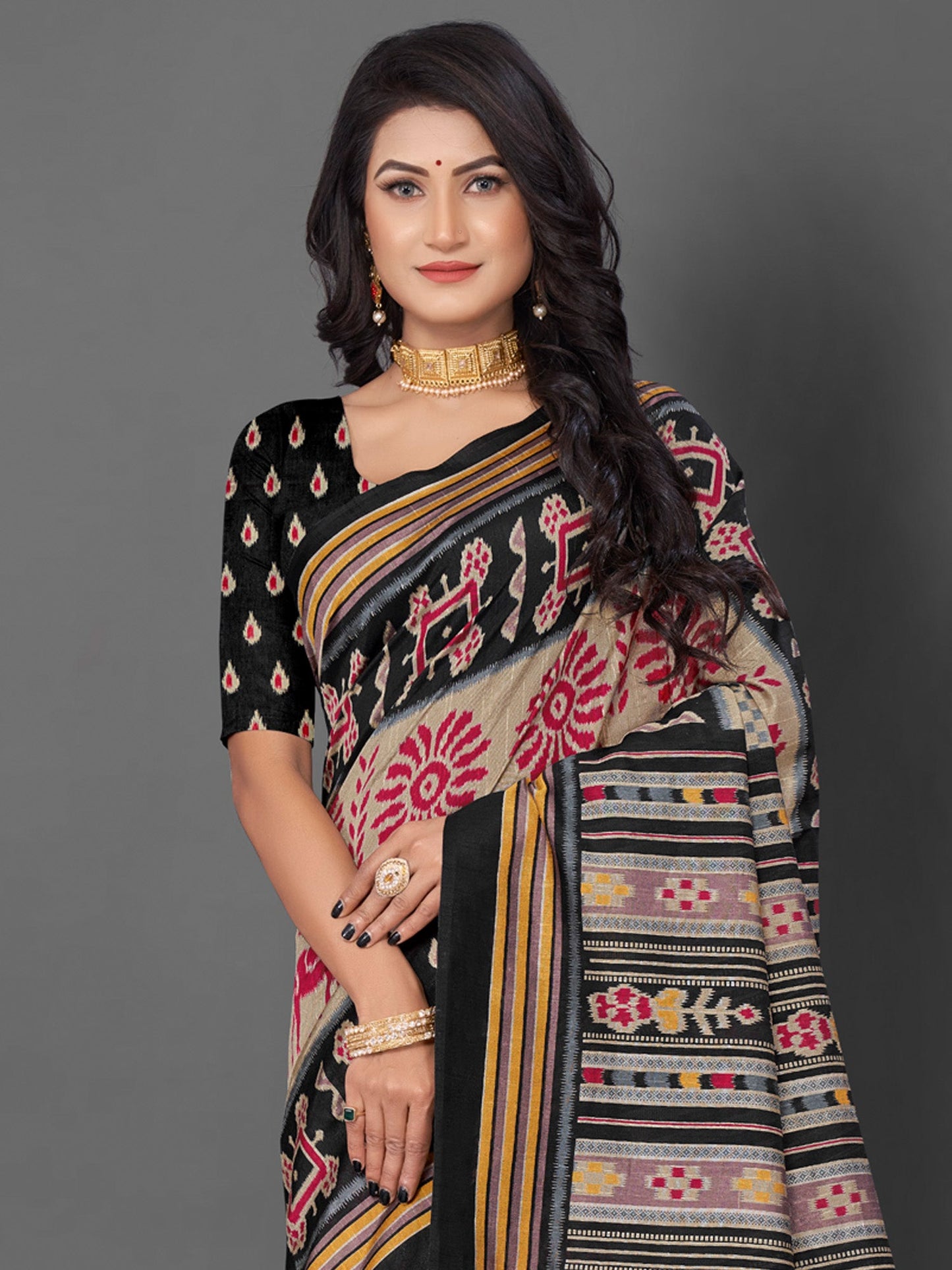 Women's Bhagalpuri Silk Beige Printed Designer Saree With Blouse Piece