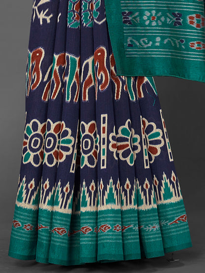 Women's Bhagalpuri Silk Navy Blue Printed Designer Saree With Blouse Piece
