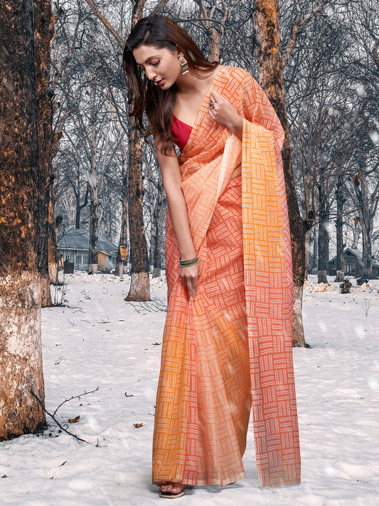 Women's Organza Yellow Printed Celebrity Saree With Blouse Piece