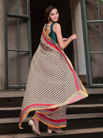 Women's Cotton Blend Cream Printed Celebrity Saree With Blouse Piece