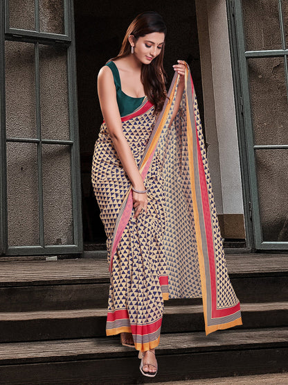 Women's Cotton Blend Cream Printed Celebrity Saree With Blouse Piece