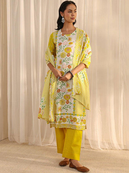Libas Yellow Floral Printed Straight Suit Set with Dupatta