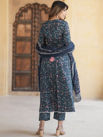 Dhiyona KL Women Floral Embroidered Regular Thread Work Pure Cotton Kurta with Trousers & With Dupatta
