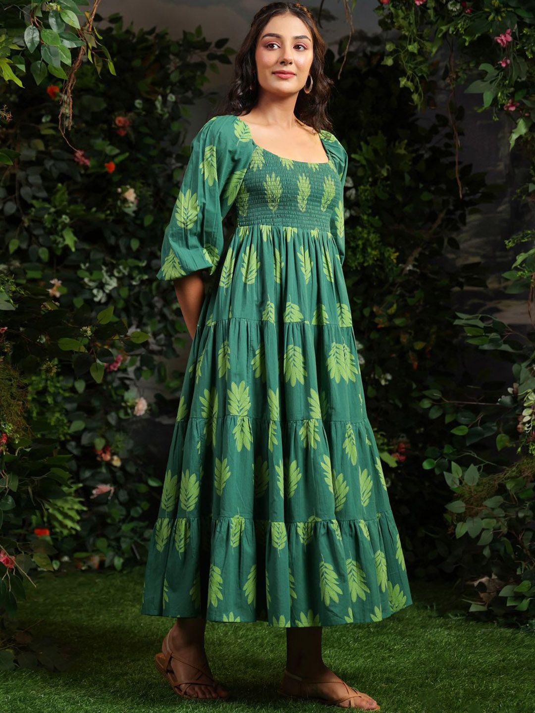 Dhiyona AY Women's Printed Puff Sleeves Cotton Maxi Ethnic Dress