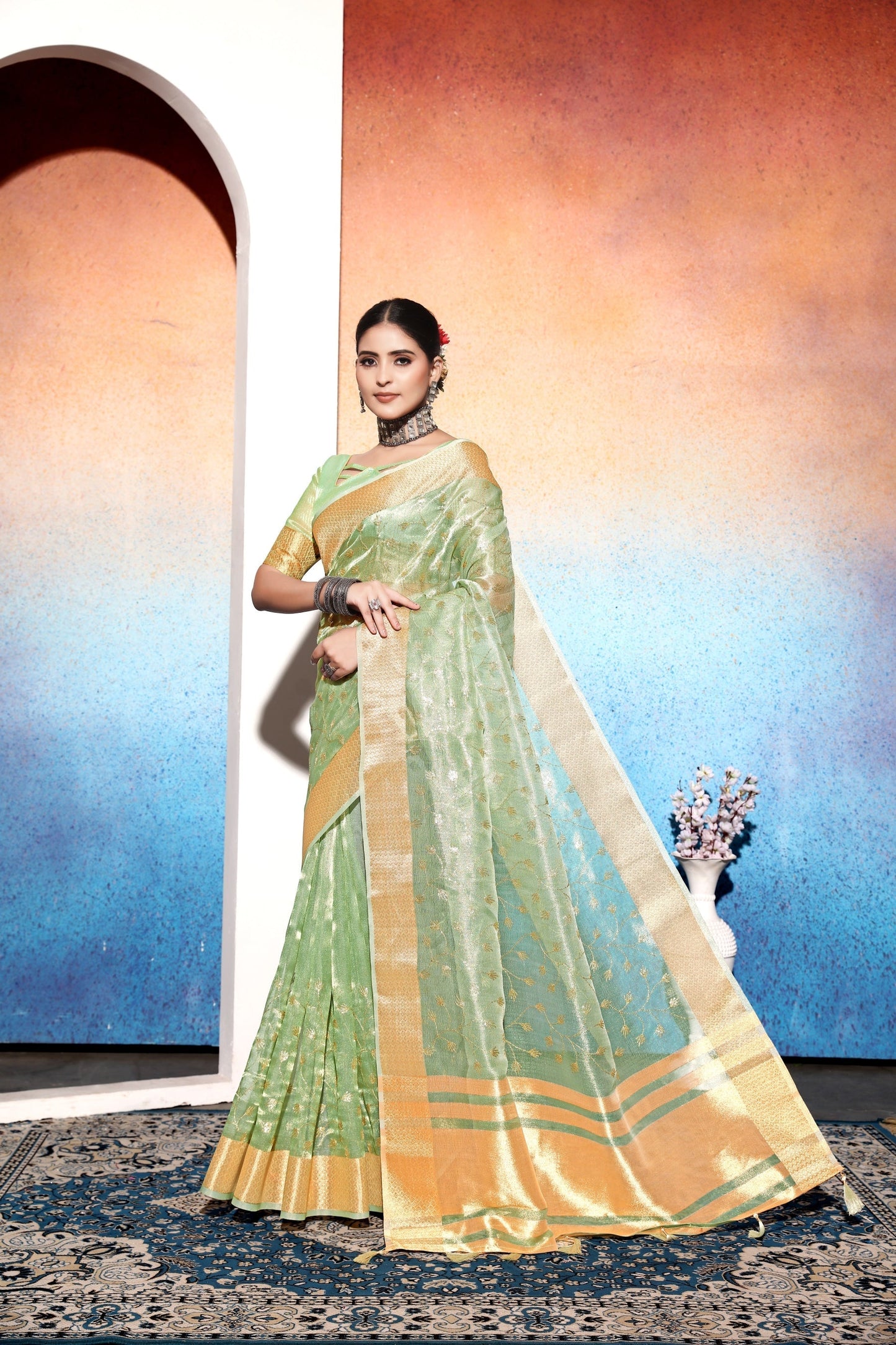 Dhiyona GR Women's Amani Green Tissue Cotton Silk Embroidered Saree