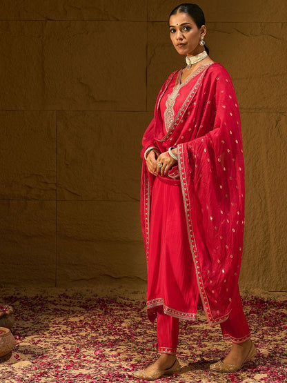 Ethnic Motifs Embroidered V-Neck Straight Kurta With Trousers & Dupatta