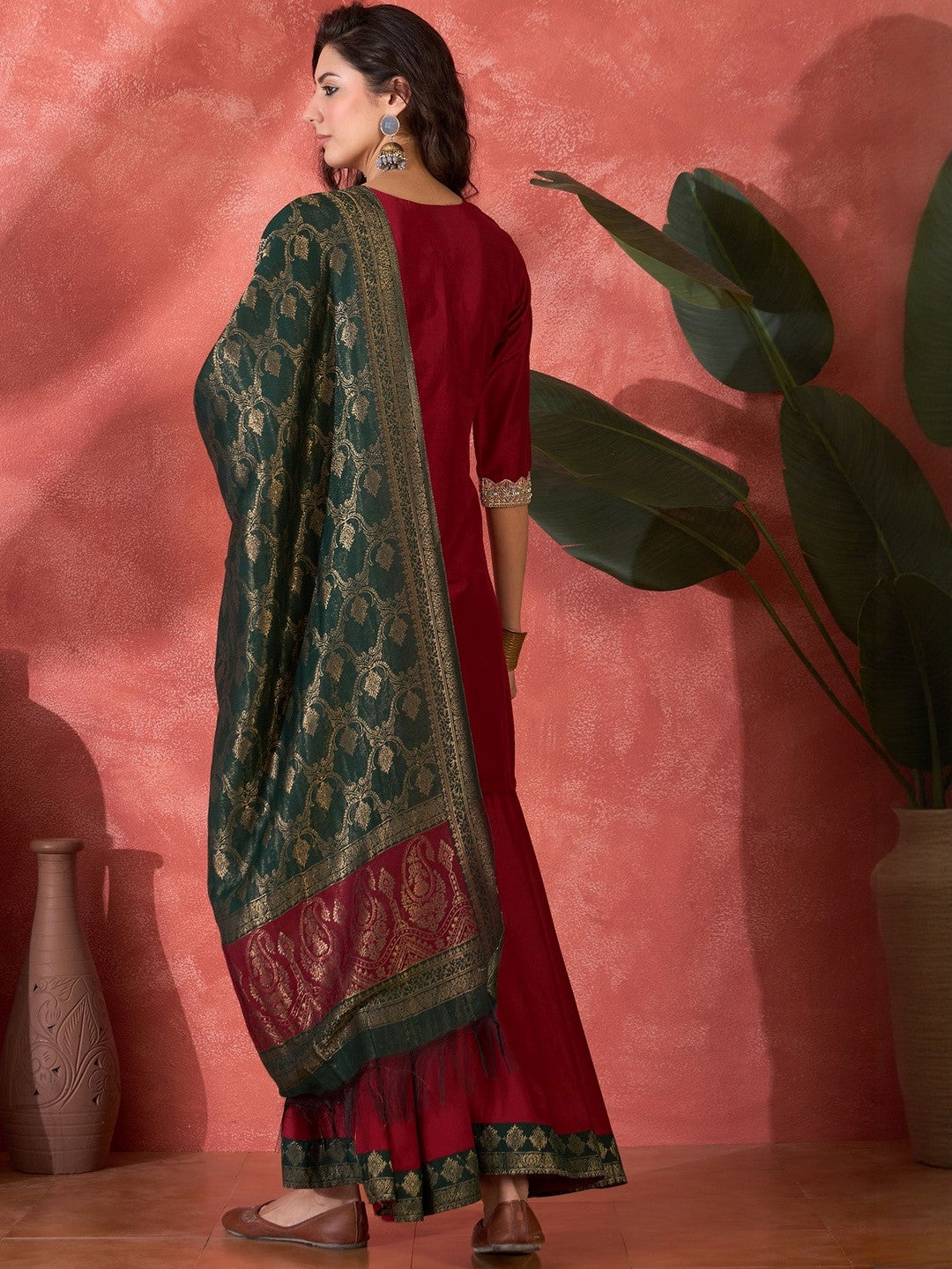 Floral Embroidered V-Neck Sequinned Kurta With Palazzos & Dupatta