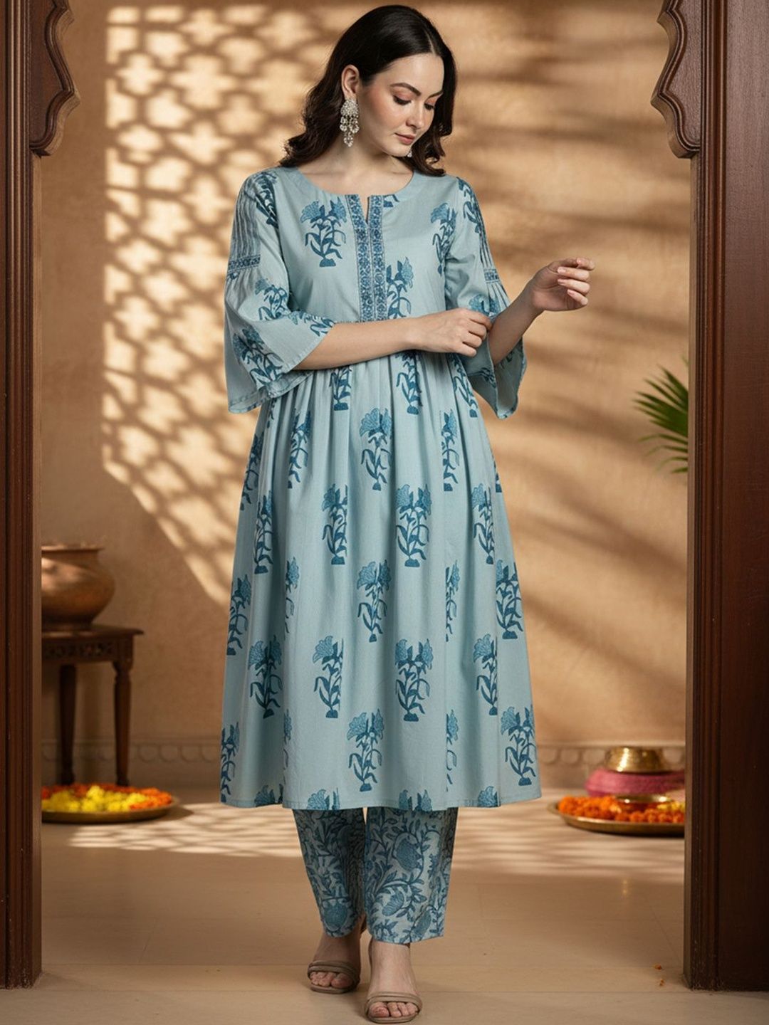 Floral Printed Empire Notch Neck Pure Cotton A-Line Kurta With Palazzos