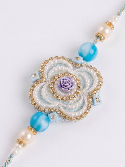 Dhiyona Set Of 2 Pearls & Artificial Stones Floral Bhaiya Bhabhi Rakhi With Roli Chawal