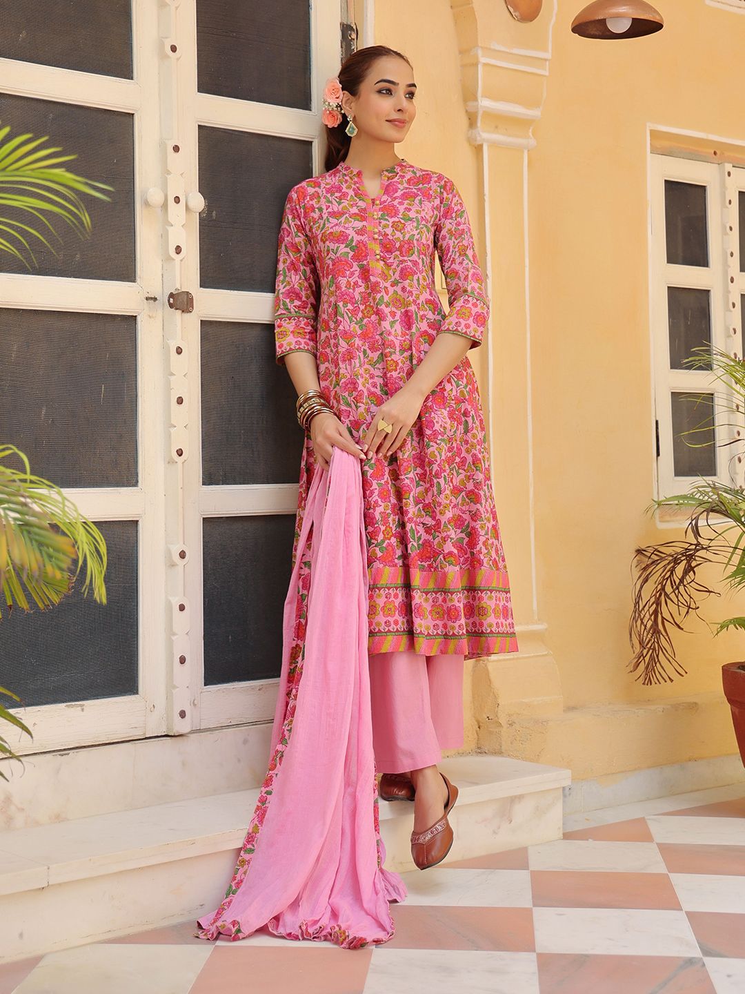 Dhiyona RR Women's Floral Printed Regular Pure Cotton Kurta with Trousers & With Dupatta