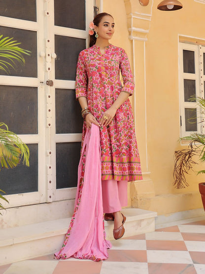 Dhiyona RR Women's Floral Printed Regular Pure Cotton Kurta with Trousers & With Dupatta