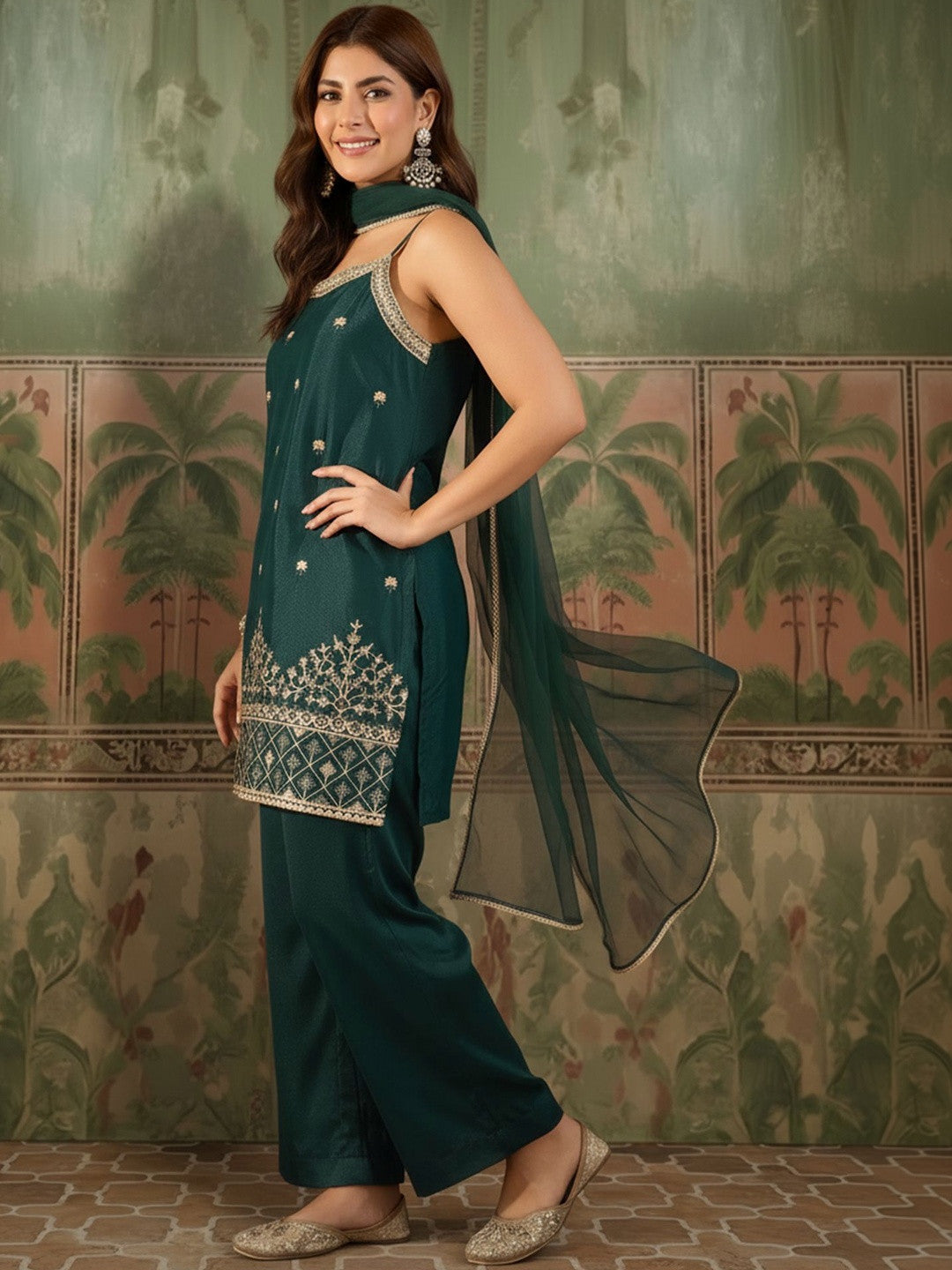 Embroidered Georgette Round Neck Kurta & Palazzos With Dupatta