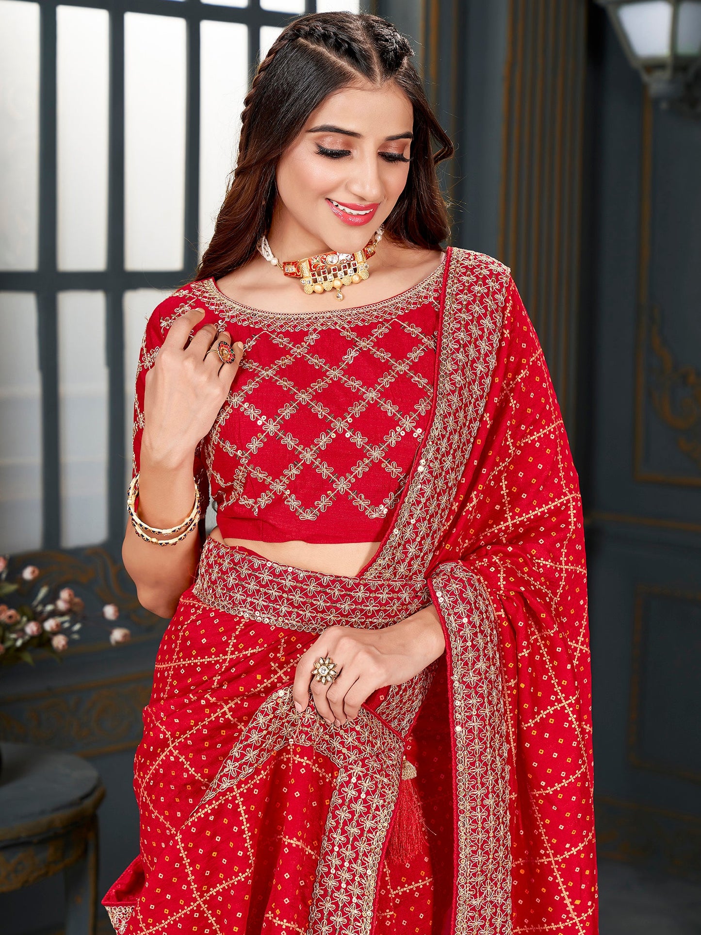 Women's Vichitra Silk Red Embellished Designer Saree With Blouse Piece