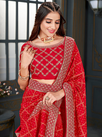 Women's Vichitra Silk Red Embellished Designer Saree With Blouse Piece