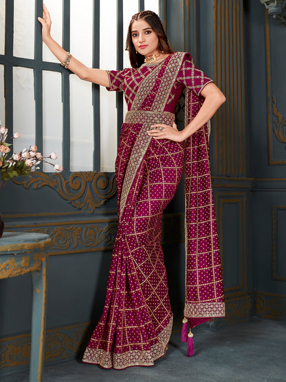 Women's Vichitra Silk Magenta Embellished Designer Saree With Blouse Piece