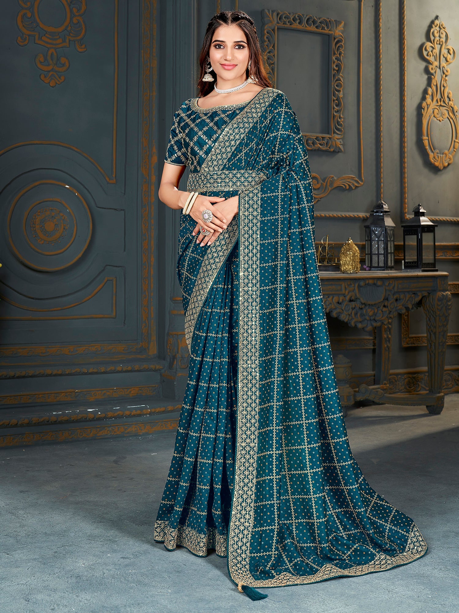 Women's Vichitra Silk Teal blue Embellished Designer Saree With Blouse Piece