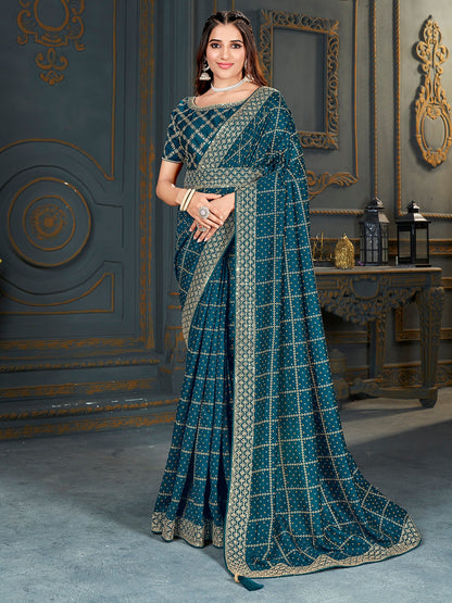 Women's Vichitra Silk Teal blue Embellished Designer Saree With Blouse Piece