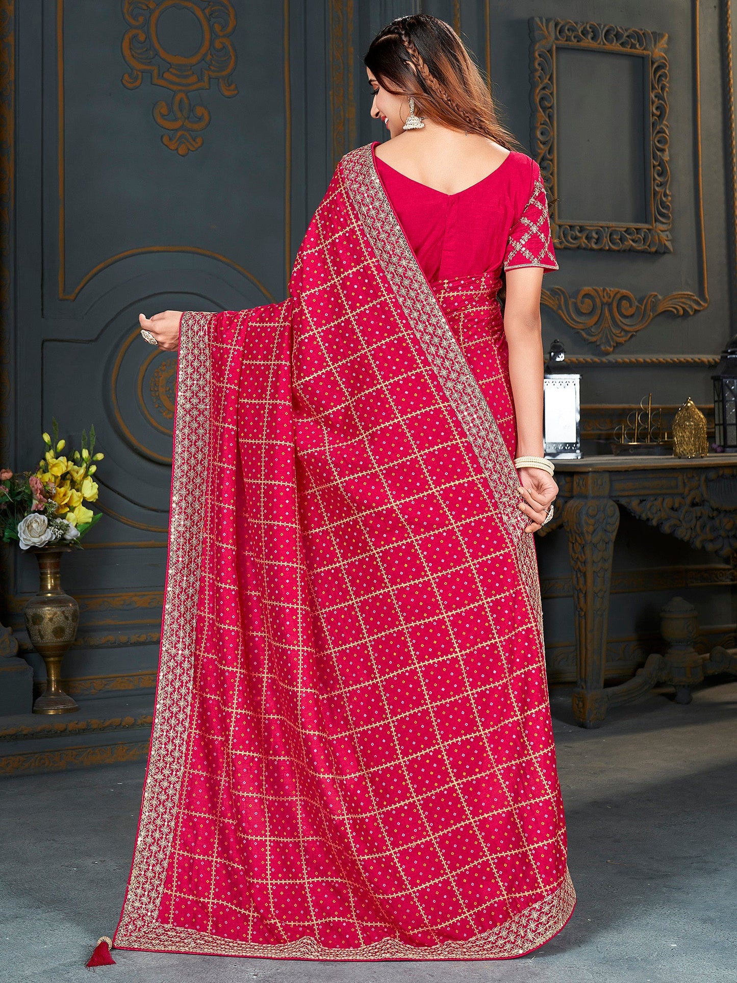Women's Vichitra Silk Pink Embellished Designer Saree With Blouse Piece