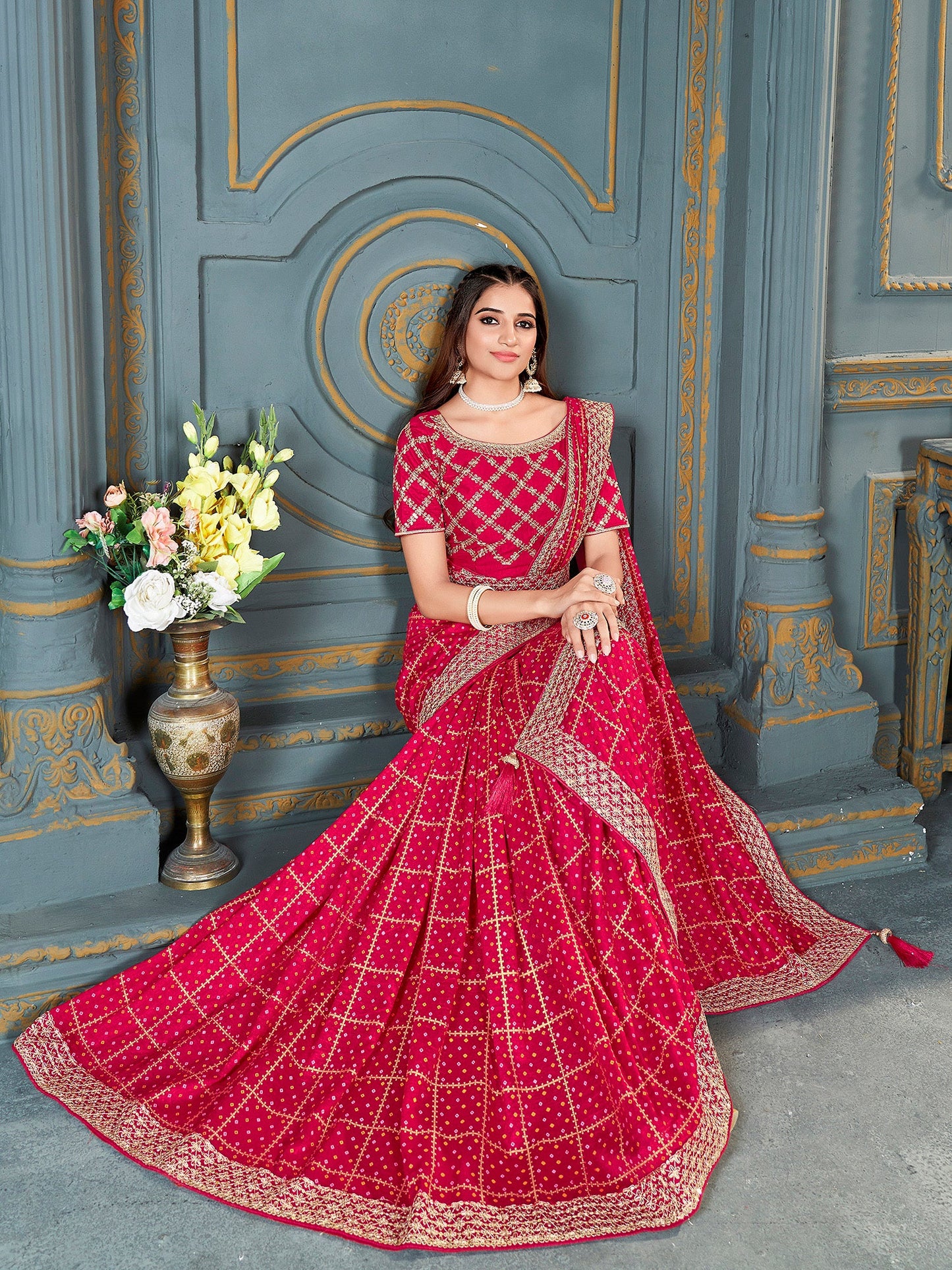 Women's Vichitra Silk Pink Embellished Designer Saree With Blouse Piece