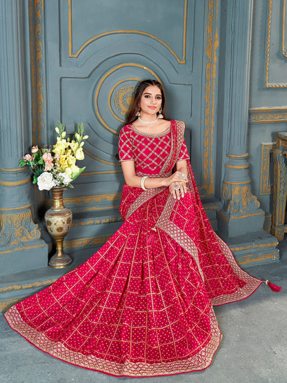 Women's Vichitra Silk Pink Embellished Designer Saree With Blouse Piece