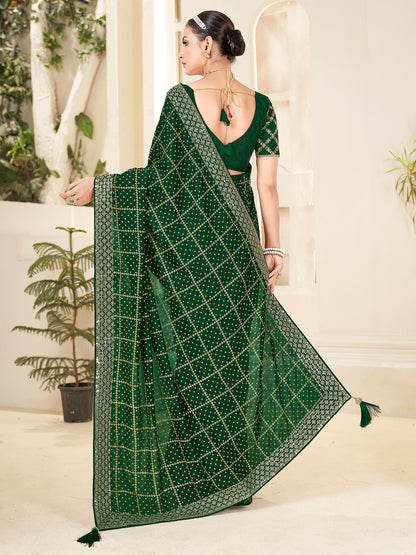 Women's Vichitra Silk Green Embellished Designer Saree With Blouse Piece