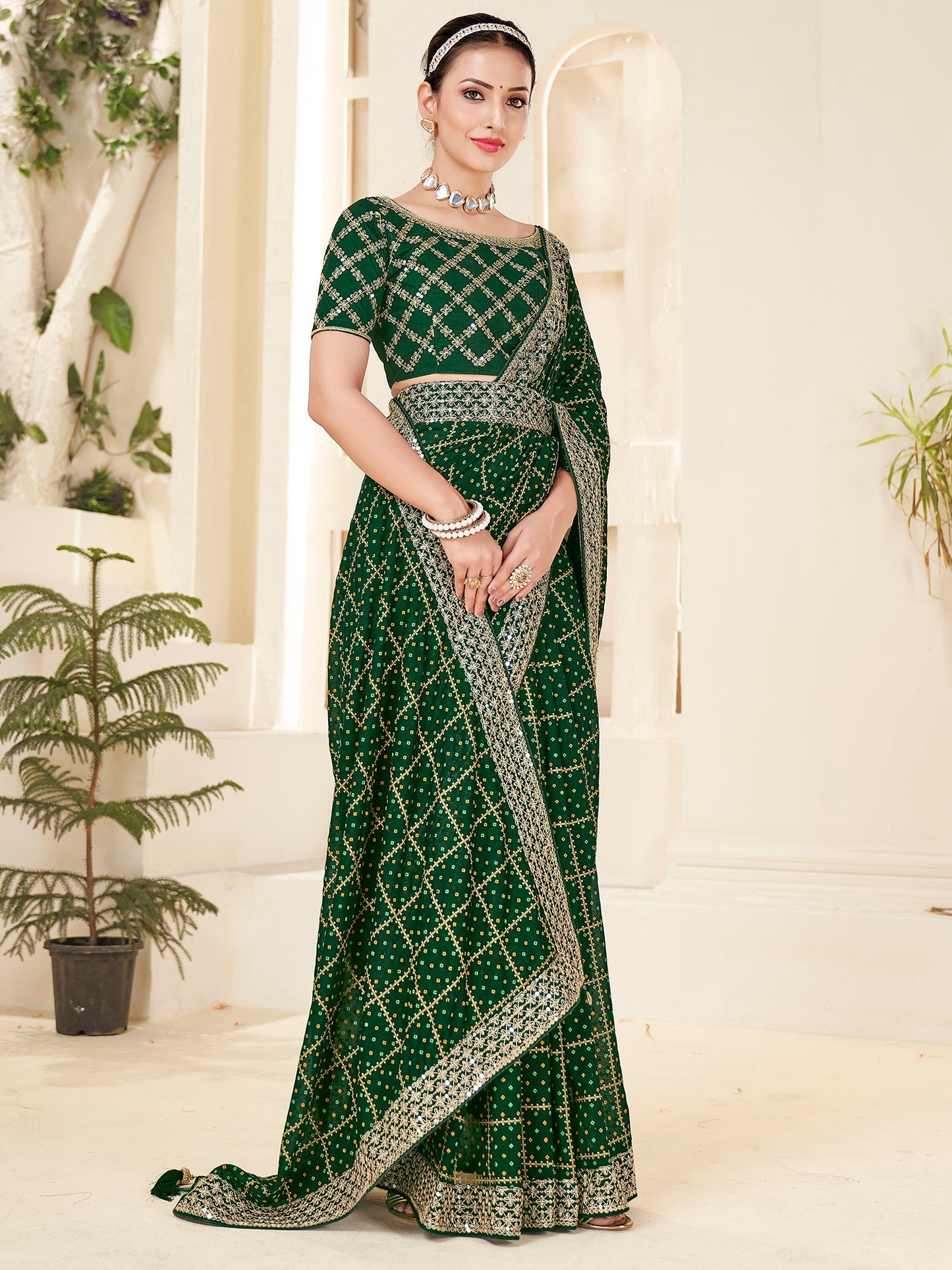 Women's Vichitra Silk Green Embellished Designer Saree With Blouse Piece