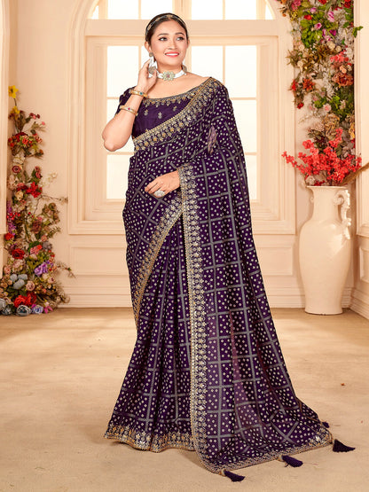 Women's Vichitra Silk Purple Embellished Designer Saree With Blouse Piece