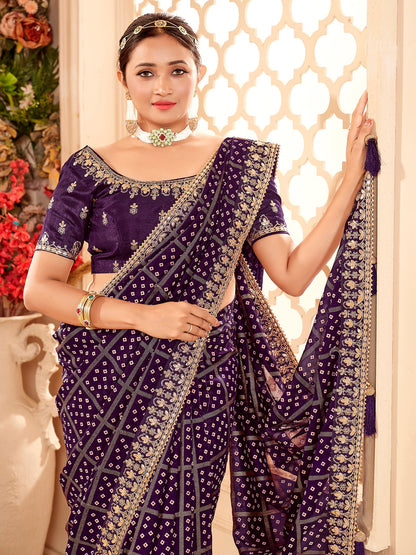 Women's Vichitra Silk Purple Embellished Designer Saree With Blouse Piece