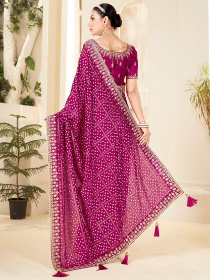 Women's Vichitra Silk Pink Embellished Designer Saree With Blouse Piece