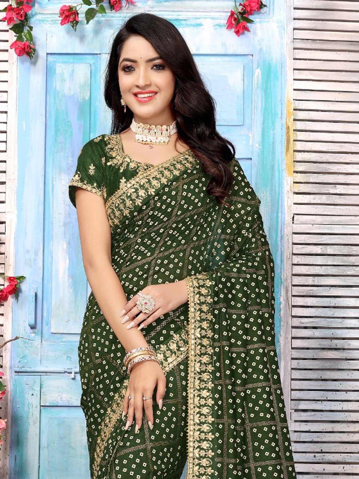 Women's Vichitra Silk Green Embellished Designer Saree With Blouse Piece