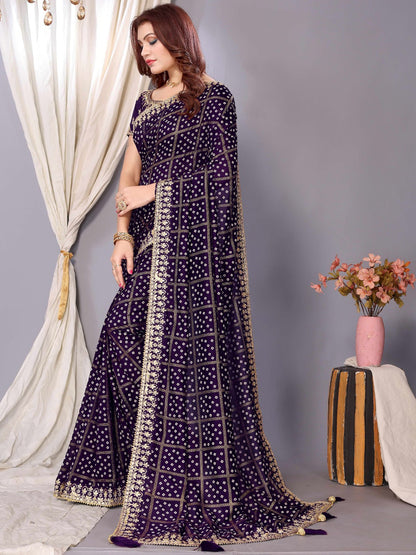 Women's Vichitra Silk Purple Embellished Designer Saree With Blouse Piece