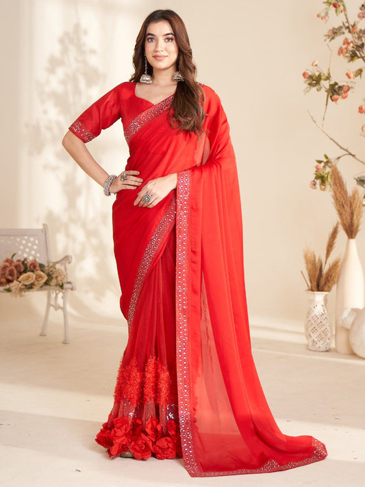 Women's Georgette Red Embellished Celebrity Saree With Blouse Piece