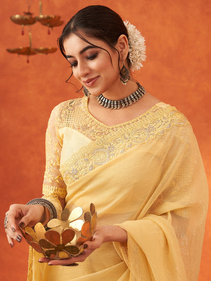 Women's Chiffon Yellow Embellished Designer Saree With Blouse Piece